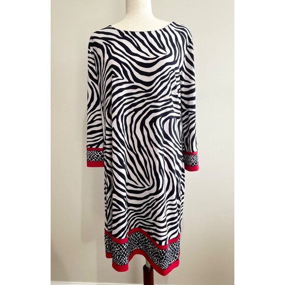 Michael Kors Zebra Print Shift Dress Womens XL Navy/Red Long Sleeve - Picture 1 of 7